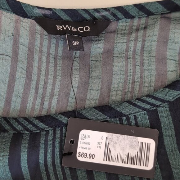 RW&Co Striped Sheer Blouse Smocked Draped Peasant Style Cropped Bubble Sleeve - Picture 8 of 9